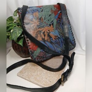 PATRICIA NASH Blue Forest Fold Over Crossbody Bag with Leather Whip Stitching